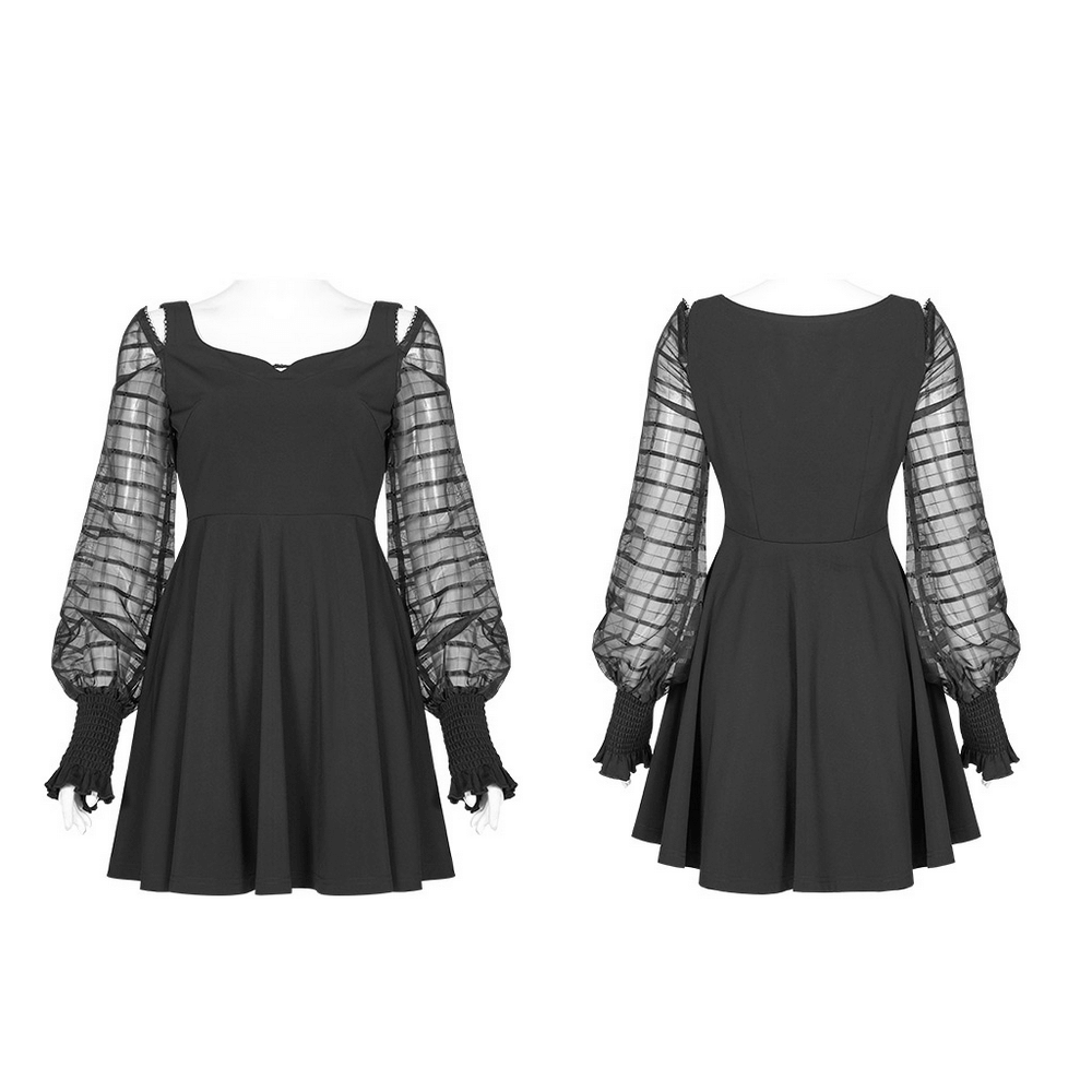 Gothic Black Dress with Sheer Plaid Sleeves and V-Neck