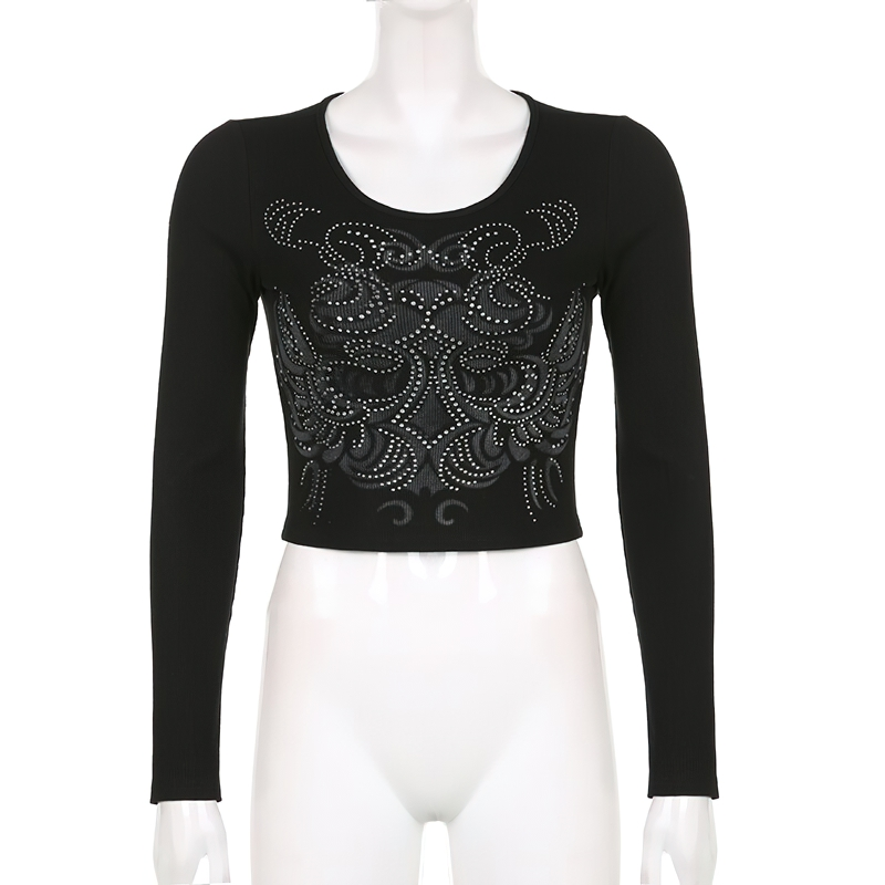 CLEARANCE / Stylish Cropped Slim Top Of O-Neck And Long Sleeve For Women - US